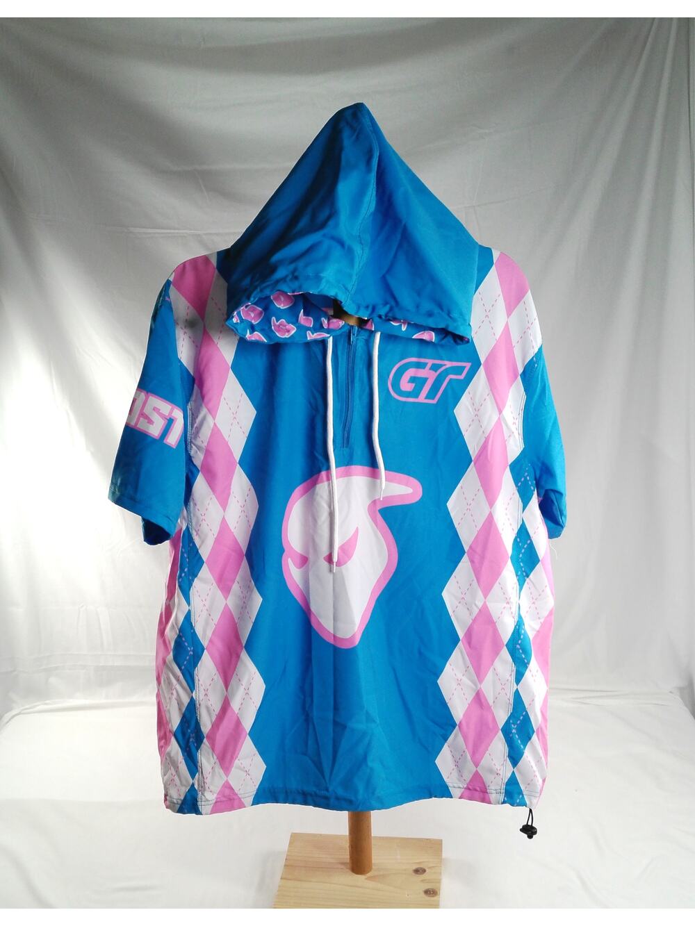 Ghost Lifestyle Oliver #26 Short Sleeve Hooded Jersey Blue Pink Argyle Size S